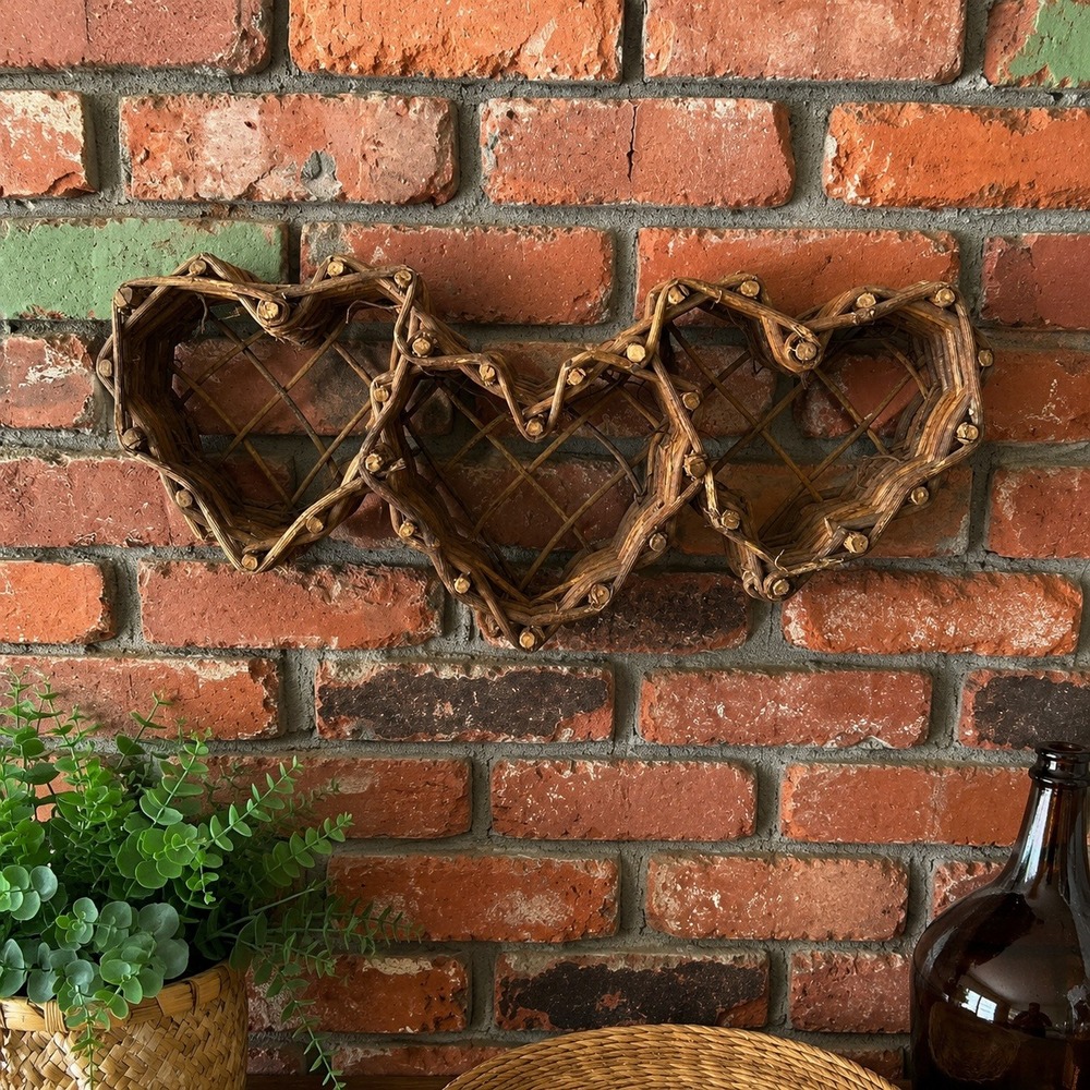 Vintage Wicker Triple Heart Basket – Rustic Cottage Wall Décor – 13"